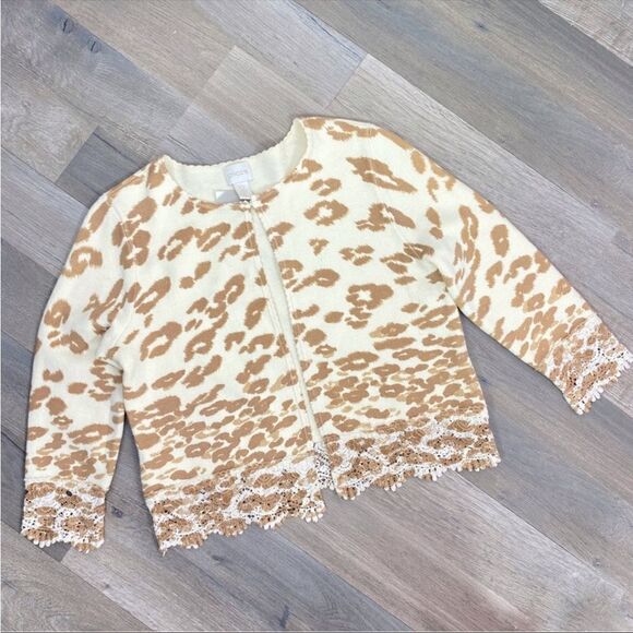 Chico’s Charlee Cheetah Lace Hem Crop Cardigan Sweater Cream Tan Small - Picture 9 of 13
